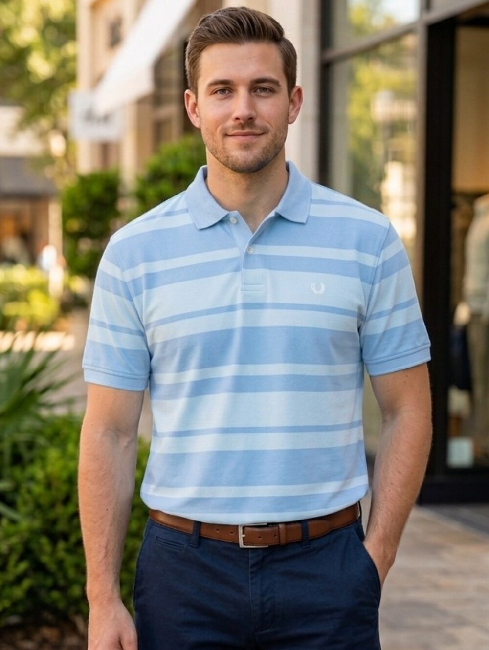 Chaps Men's XL Light Blue Striped Cotton Polo Shirt (23" P2P 27" L) Vintage Fit